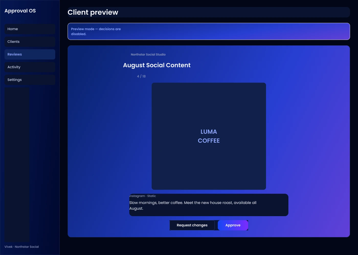 Approval OS client preview screen: a guest reviewer viewing a versioned Instagram post with Request changes and Approve actions