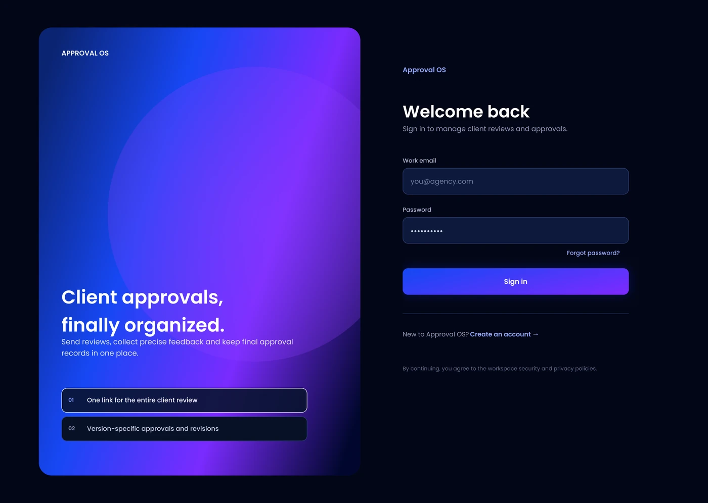 Approval OS sign-in screen from the Design System v2.0: split-screen layout with agency sign-in on the right and product messaging ('Client approvals, finally organized') on the left