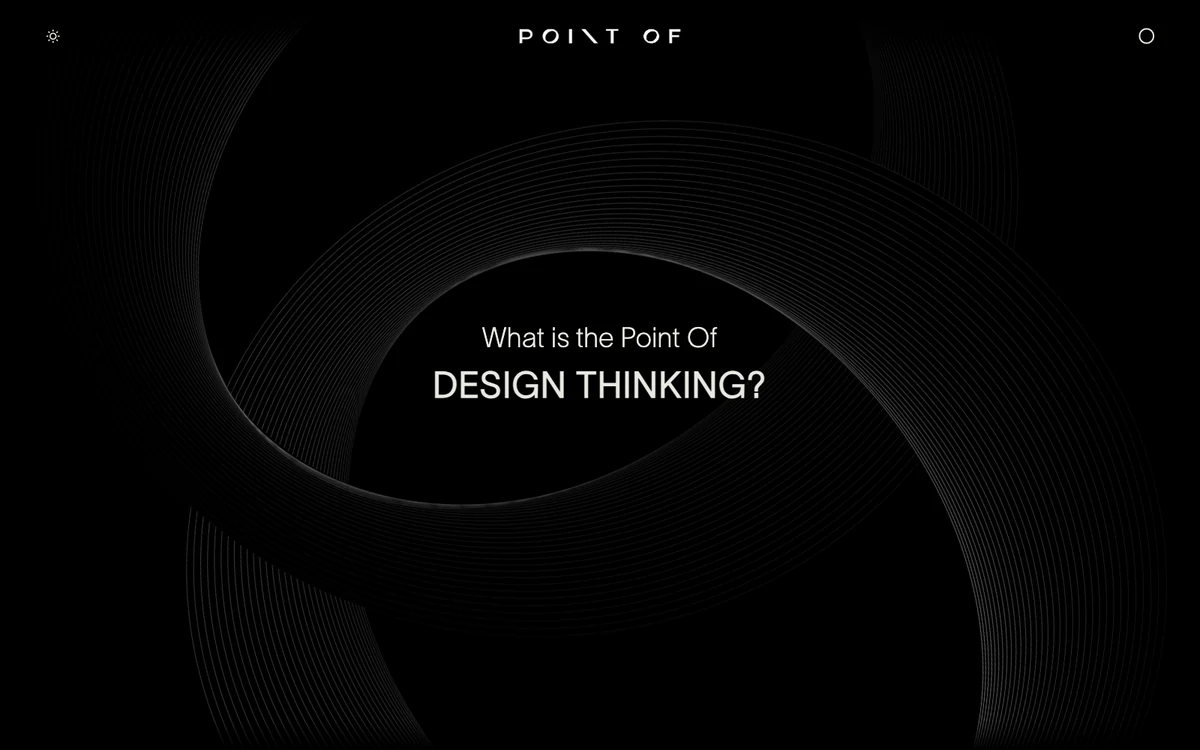 Point Of homepage hero: 'What is the Point Of Design Thinking?' over an animated dark ring graphic