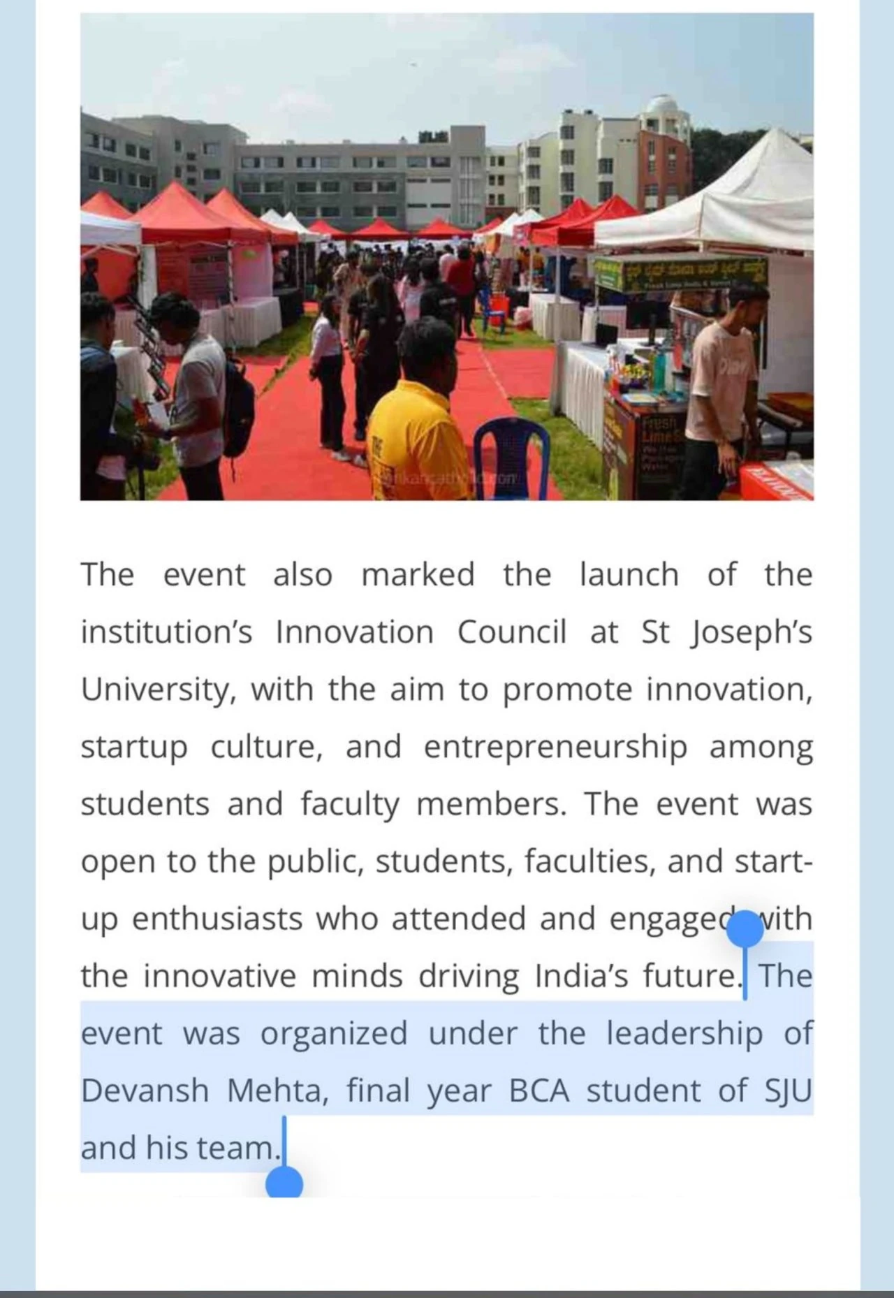 konkancatholic.com coverage of Startup Mela, naming Divyansh Mehta as the student organizer who led the event and his team
