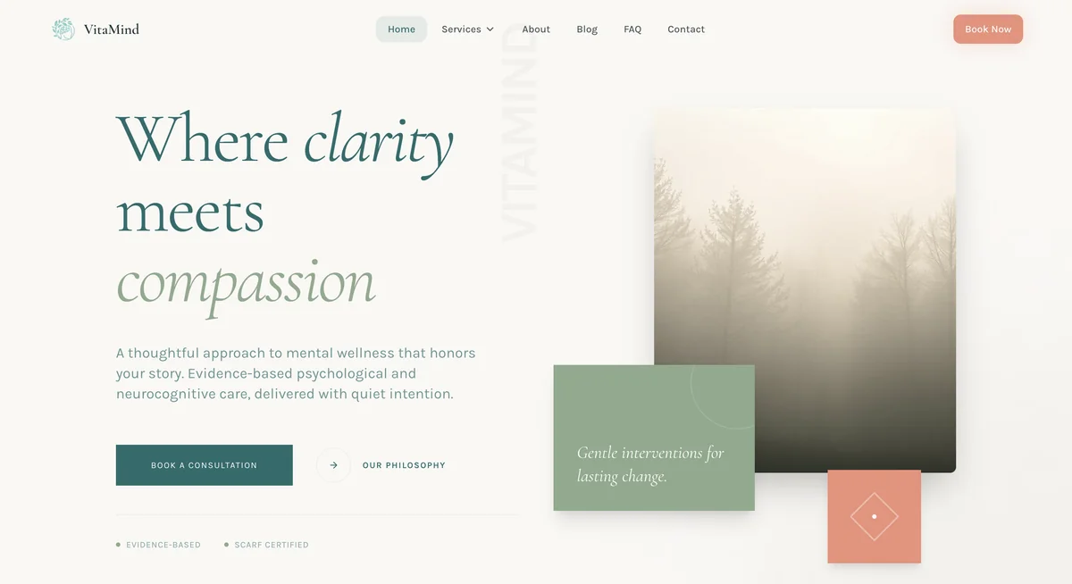 VitaMind homepage: 'Where clarity meets compassion,' a calm, editorial landing page for Sanaya Mehta's psychology practice
